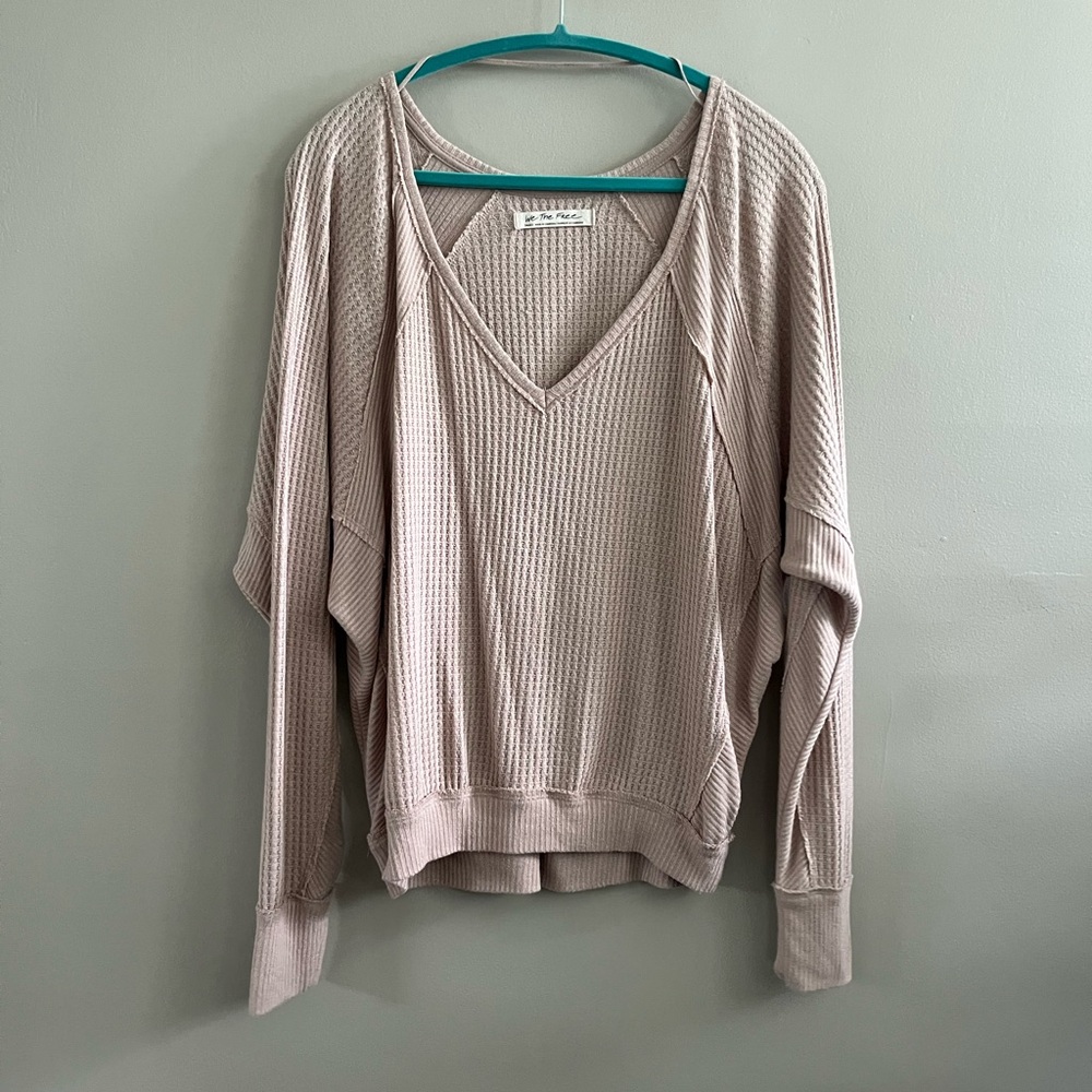 Free People We the Free Oversized Long Sleeve Shirt Waffle Knit Tan Beige‎